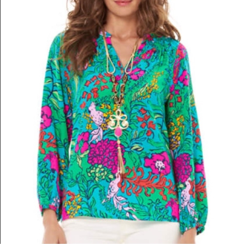 Lilly Pulitzer Elsa Shirt Blouse Parrots 100% Silk Medium